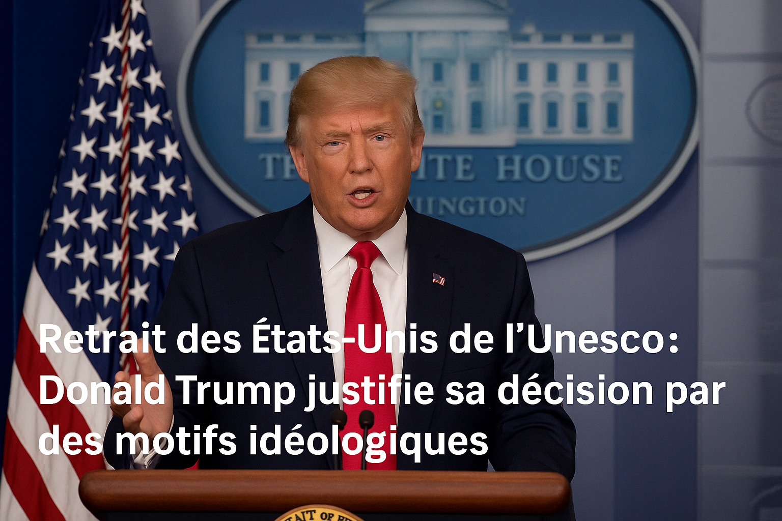Donald Trump annonçant le retrait des États-Unis de l’Unesco lors d'une conférence de presse officielle
